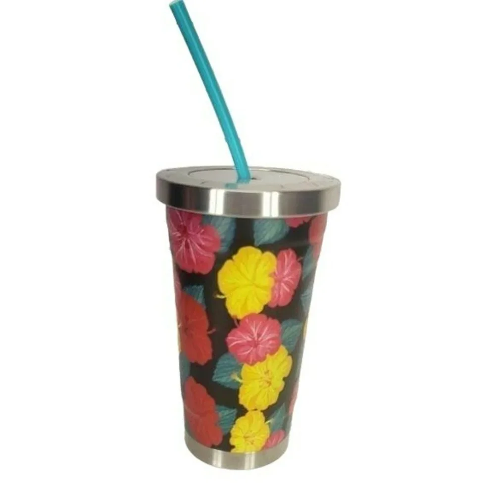 Hawaiian Floral Print Stainless Steel Tumbler Cold Cup Hibiscus Flowers 17 Fl Oz